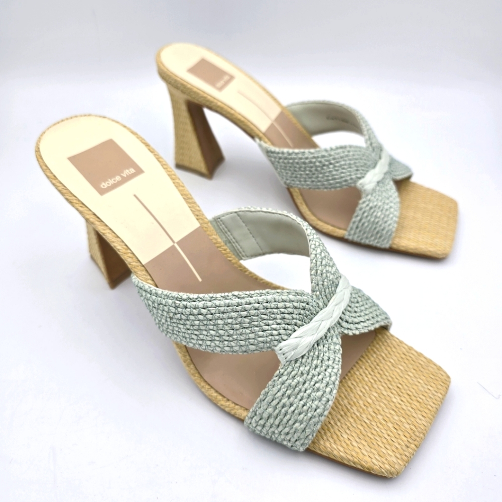NWOT Dolce Vita Nitro Heeled Slide Sandals, Mint (Light Green) Raffia, Size 9.5